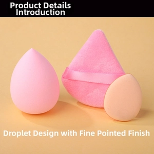 Detail view of pink makeup sponges in teardrop and triangle shapes for precise application