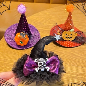 Halloween pumpkin and skull hair clips for girls featuring lace and sequins on wood
