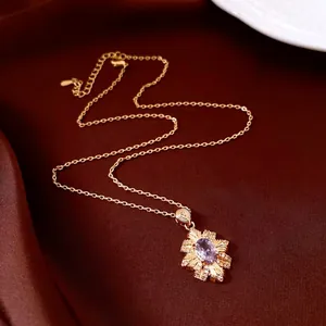 Vintage Pendant Necklace 14K Gold Plated Copper Oval Purple Zircon Sunburst Flower Design Light Luxury Niche Jewelry For Women