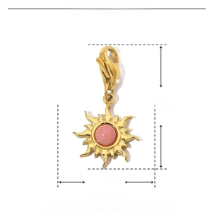 Detail view of 25mm sunburst stainless steel pendant with pink natural stone and dimensions