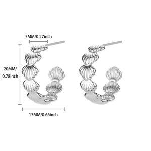 Detailed size measurement of silver shell-shaped C-style hoop earrings on white background