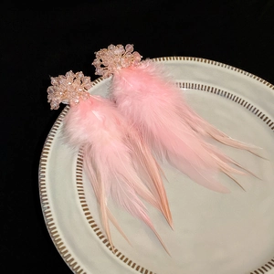 Macro shot of pink feather earrings with crystal cluster charms on a ceramic plate