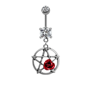 Silver belly button ring with star pendant, red rose detail and clear zircon stones