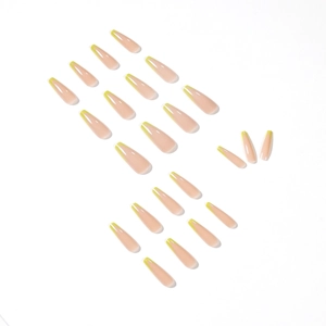 French tip extra long coffin press-on nails in nude pink and neon green polish finish