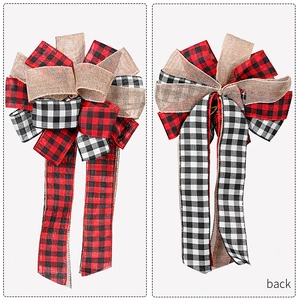 Front and back detail of multi-layer plaid and burlap Christmas ribbon bow decoration