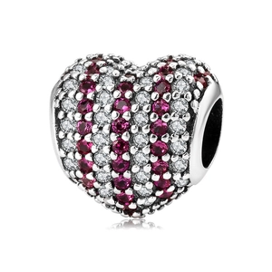 Heart Charm Bead 925 Sterling Silver Pavé Set Alternating Magenta White Cubic Zirconia DIY Bracelet Accessory Valentine's Gift
