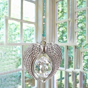 Silver angel wings crystal suncatcher pendant with blue beads for window home decor