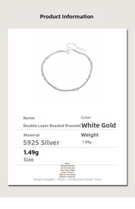 Detail view of double-layer S925 sterling silver bead bracelet with 3cm extender