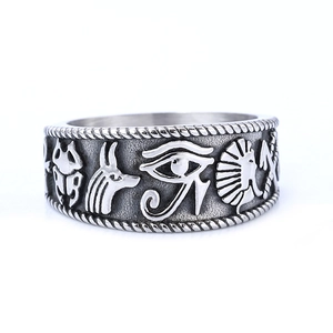 Vintage stainless steel ring featuring Eye of Horus and Anubis Egyptian motifs