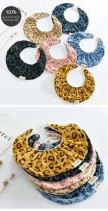 Detail of 360-degree rotating leopard print baby bibs in soft multilayer cotton gauze