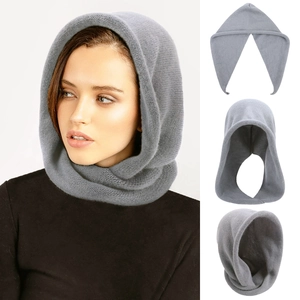 Women Winter Hooded Scarf Integrated Hat Acrylic Knitted Balaclava Warm Neck Protector Pullover Solid Color Beanie Hat