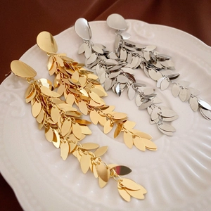 Long layered leaf sequin tassel earrings in gold and silver finish for women