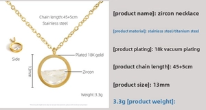 Detail showing 13mm circular zircon pendant size and 45+5cm adjustable chain length