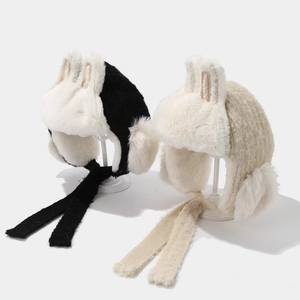 Plush winter earflap hats for kids with cute rabbit ears in black and cream colors