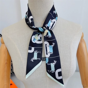 Navy blue checkered horse pattern twilly silk scarf worn as a stylish neck tie headband