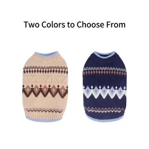 Fair Isle pattern knit dog sweater for small pets in beige and navy blue for winter warmth
