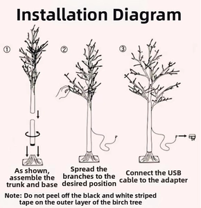 Installation guide for LED birch tree lamp showing base assembly and USB power setup