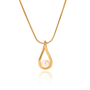 Golden titanium steel necklace with a water drop pendant featuring a white pearl inlay