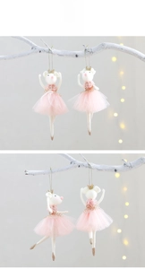 Detail of ballerina mouse ornament with pink tulle skirt and golden sequin crown
