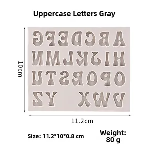 Detailed macro view of gray silicone mold for 26 uppercase letters, size 11.2x10x0.8cm