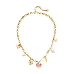 Golden stainless steel necklace featuring heart, flower, bird, pearl, and Amour pendant