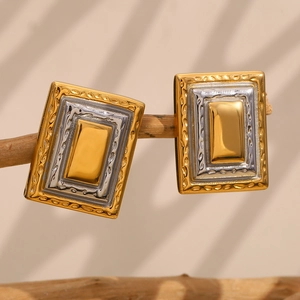 Dual-tone 18K gold plated geometric frame earrings with hammered texture on wood