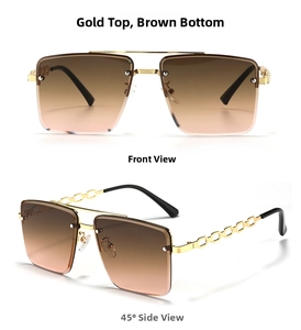 Detail of rimless square sunglasses with gold chain link temples and gradient lenses