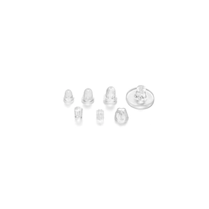 Detailed close-up of seven assorted transparent silicone earring backings and stoppers
