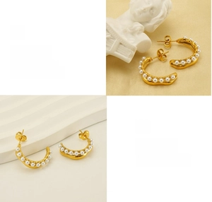 Détail des boucles d'oreilles dorées en C avec perles et artisanat de polissage raffiné