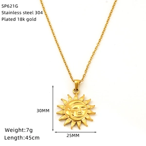 Detail view of gold sun moon pendant necklace showing 30x25mm dimensions and 45cm chain length