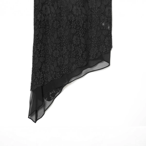Women's asymmetric black lace and chiffon tunic with irregular hem in minimalist style