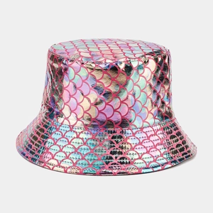 Close-up of holographic mermaid fish scale pattern on the stylish reversible bucket hat