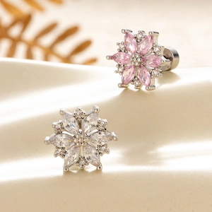 Elegant flower-shaped titanium steel stud earrings with pink and clear zircon crystals
