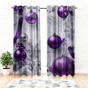 Purple Christmas velvet curtains with silver snowflakes and ornaments for holiday home decor