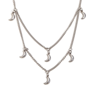 Collier double épaisseur en acier inoxydable argenté avec pendentifs croissants de lune