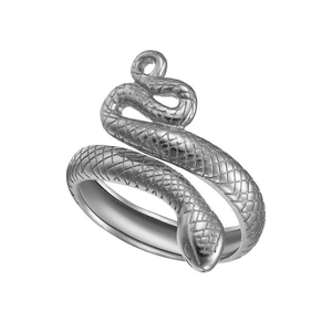 Bague serpent argentée avec texture d'écailles détaillée sur un fond blanc neutre