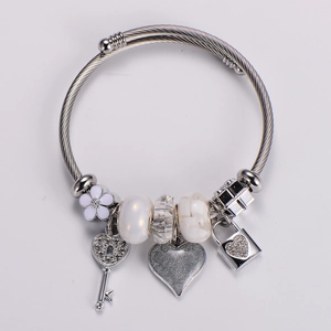 Detail of silver stainless steel charm bracelet with heart lock, key and flower charms
