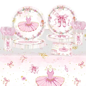 Pink ballerina themed birthday party tableware set with paper plates cups and napkins