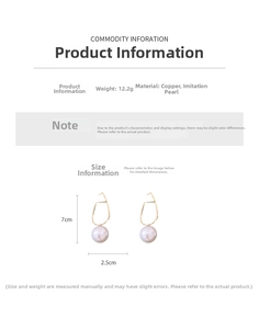 Detailed view of long geometric gold frame pearl earrings with dimensions 7cm by 2.5cm