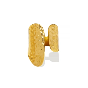Hammered texture oval stainless steel open ring with 18K gold plating on white background