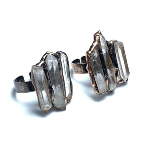 Vintage bronze open rings featuring natural hexagonal clear crystal stone prisms