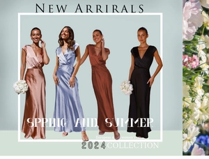 Collage of satin V-neck mermaid dresses in champagne, blue, brick red, and black colors