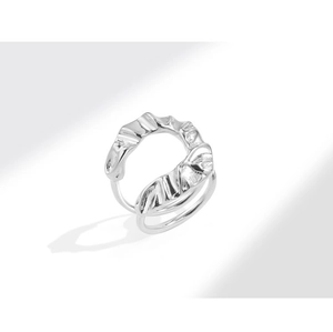 Detailed close-up of a silver irregular wrinkled U-shaped open ring with double layers