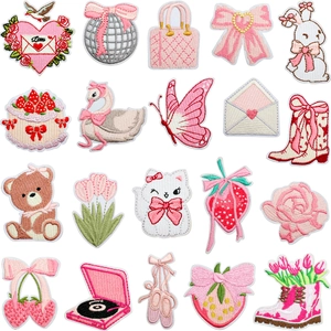 Embroidery Patches Pink Sweet Love Heart Cartoon Bear Iron On Sew On Decorative Applique For Clothes Bags Hats Fabric DIY