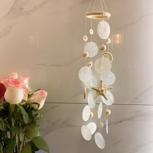 Starfish and seashell wind chime with natural wooden ring for bohemian home decoration