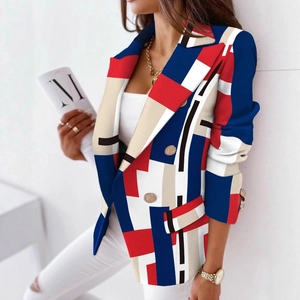 Blazer doppiopetto da donna con stampa geometrica astratta e colori vivaci