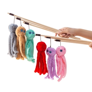Set of 6 colorful plush jellyfish cat toys with wooden sticks for interactive play