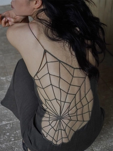 Backless Camisole Maxi Dress Polyester Spider Web Hollow Out Spaghetti Strap Vintage Gothic Sexy Long Split Women