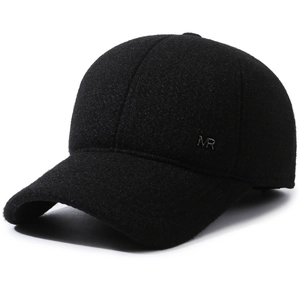 Men's winter baseball cap with ear protection in black wool blend with MR metal logo