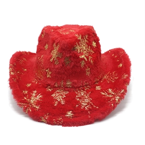 Detailed view of red plush cowboy hat featuring golden snowflake patterns and soft texture